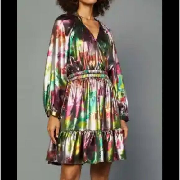 Current air Anthropologie floral metallic long sleeve mini dress - Picture 3 of 10